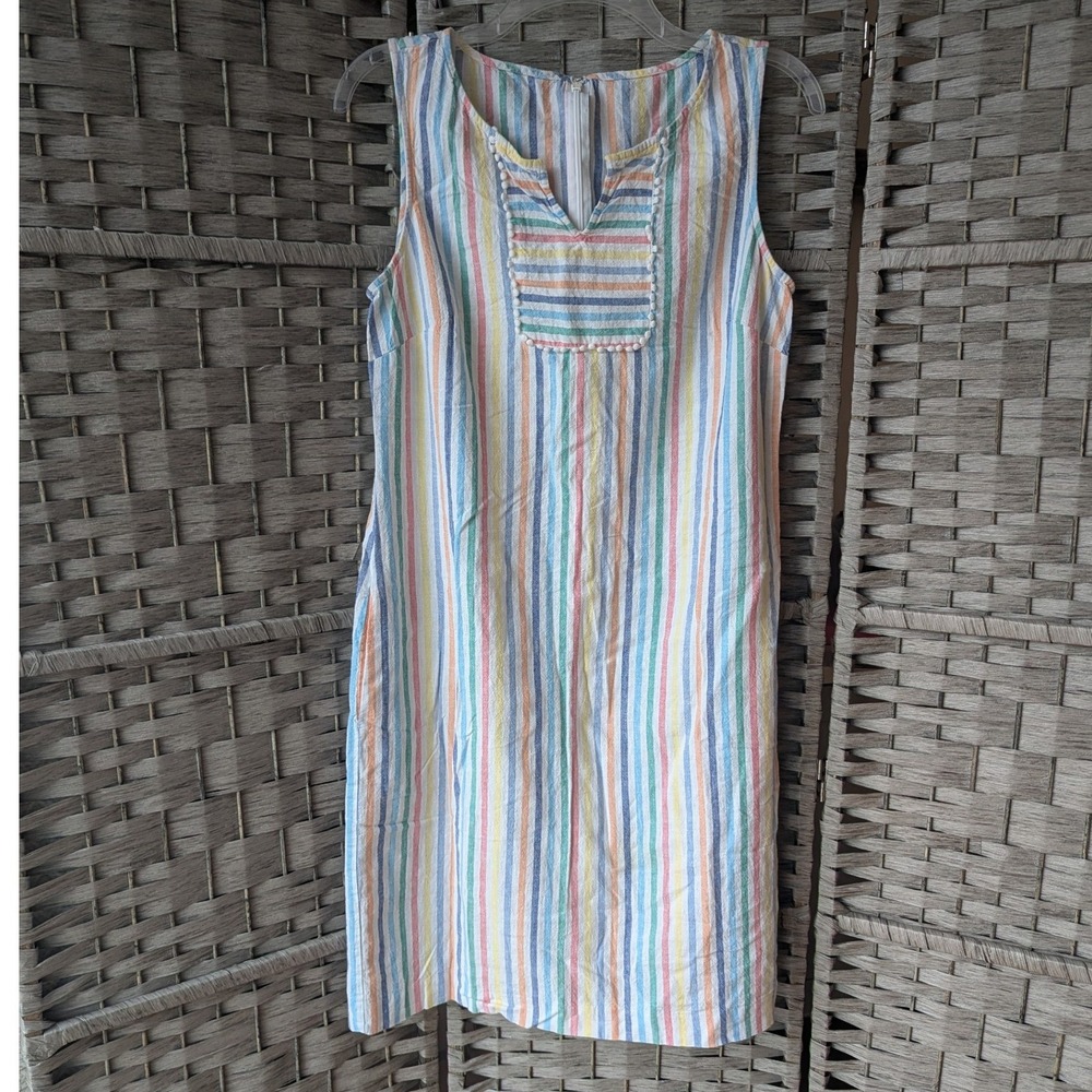 Pastel Rainbow Striped Linen Blend‎ Shift Dress Pom Pom Womens Est Sz L Preppy